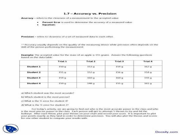 Accuracy and precision worksheet chemistry